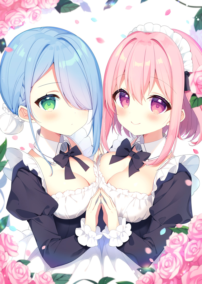 2girls aoi_yun apron black_bow black_dress blue_eyes blush bow braid breasts bun_cover cleavage closed_mouth collar commentary_request detached_collar dress flower green_eyes hair_between_eyes hair_bun hair_intakes hair_over_one_eye juliet_sleeves long_sleeves maid maid_headdress medium_breasts multiple_girls original petals pink_flower pink_hair pink_rose puffy_sleeves purple_eyes rose simple_background sleeves_past_wrists smile upper_body white_apron white_background white_collar wing_collar