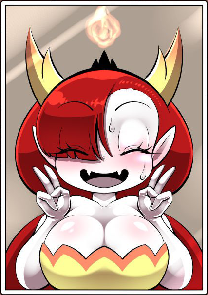 4_fingers big_breasts black_tiara blush blushing_breasts bodily_fluids border breasts clothing cocco cropped disney dress explicit_source eyelashes eyelashes_through_hair eyes_closed fangs female fingers fire gesture glass_frame hair hair_over_eye headshot_portrait hekapoo horn horned_humanoid humanoid humanoid_pointy_ears long_hair not_furry one_eye_obstructed pale_skin portrait red_hair simple_background smile solo star_vs._the_forces_of_evil sweat tan_background teeth tongue translucent translucent_hair v_sign white_border yellow_clothing yellow_dress yellow_horn