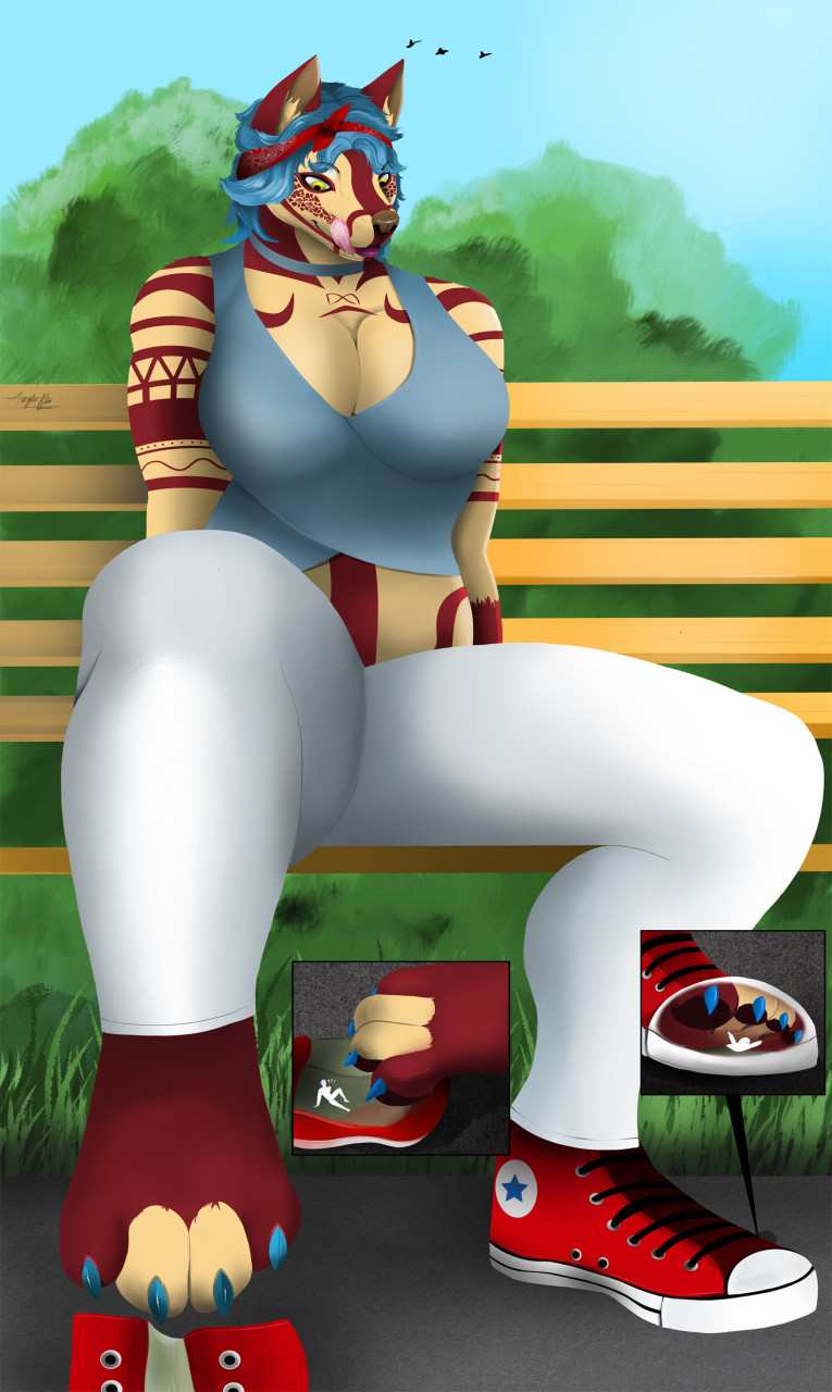 2021 4_toes anthro artist_name bench blue_claws blue_clothing blue_hair bottomwear brown_nose canid canine canis claws clothed clothing colored cutaway digital_drawing_(artwork) digital_media_(artwork) domestic_dog feet female foot_fetish foot_focus footwear fortuna_(2824bob) fur grass hair hi_res in_shoe licking licking_lips macro mammal micro micro_in_clothes outside pants park_bench paws pink_tongue pinned plant prick_ears red_body red_clothing red_footwear red_fur red_shoes shoes signature sitting tan_body tan_fur taylornoir toe_claws toepads toes tongue tongue_out trapped_in_clothing trapped_in_shoe tree underfoot white_bottomwear white_clothing white_pants yellow_eyes