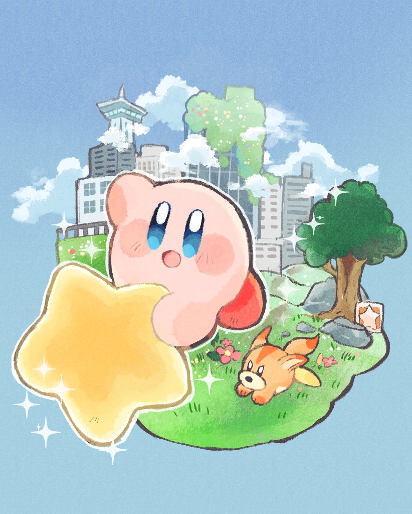 :d arm_up awoofy blue_background blue_eyes blush blush_stickers building city cloud commentary_request flower grass guarani_(muku_6930) kirby kirby_(series) kirby_and_the_forgotten_land looking_at_viewer no_humans open_mouth overgrown pink_flower railing riding rock simple_background smile sparkle star_(symbol) star_block tree warp_star waving