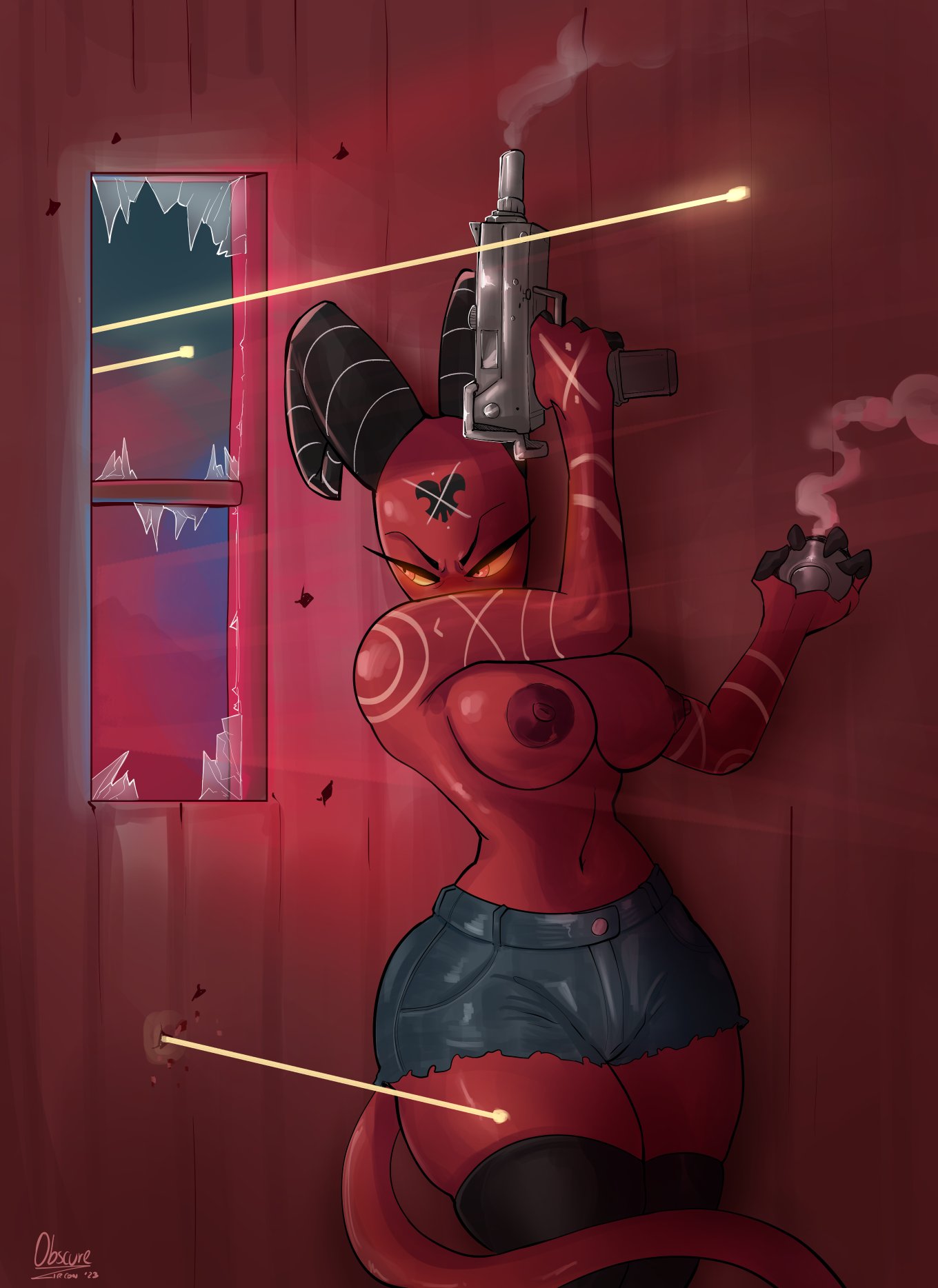 anthro barbie_(helluva_boss) birthmark breasts claws clothed clothing detailed_background female gun helluva_boss hi_res holding_object holding_weapon horn humanoid imp markings narrowed_eyes nipples partially_clothed ranged_weapon red_body red_eyes shooting solo thedarkzircon weapon