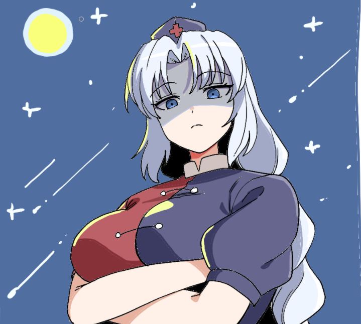 1girl annoyed blue_dress blue_eyes blue_hair blue_headwear breasts cross crossed_arms ddok dress long_hair looking_at_viewer night night_sky red_cross red_dress sky solo touhou two-tone_dress yagokoro_eirin