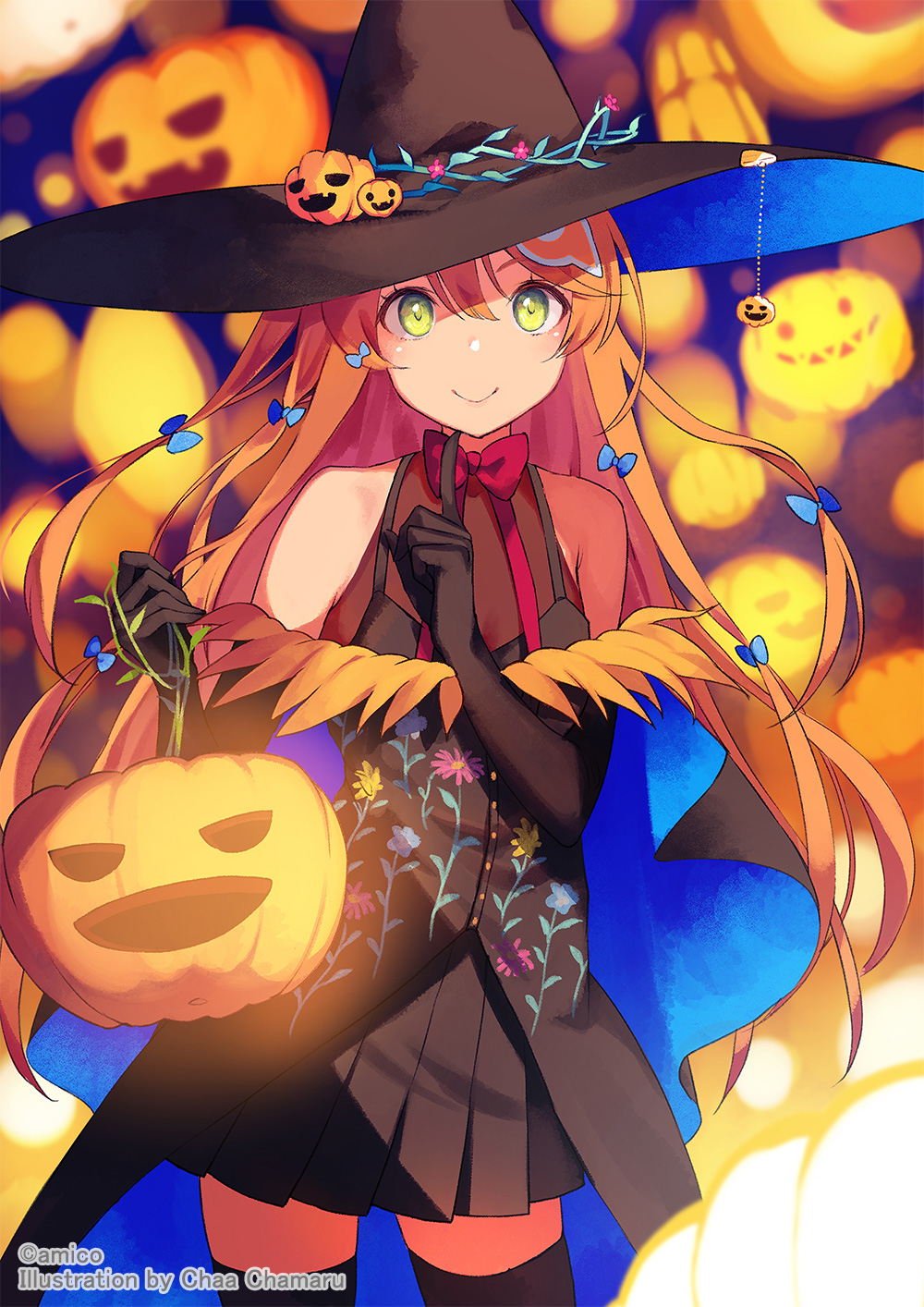 1girl amiami_(company) amico black_gloves black_headwear black_skirt black_thighhighs bow bowtie elbow_gloves floral_print gloves green_eyes hair_between_eyes hair_ornament halloween hat hat_ornament highres holding index_finger_raised jack-o'-lantern long_hair looking_at_viewer official_art orange_hair pleated_skirt pumpkin red_bow red_bowtie skirt sleeveless smile solo thighhighs very_long_hair witch_hat yumekui