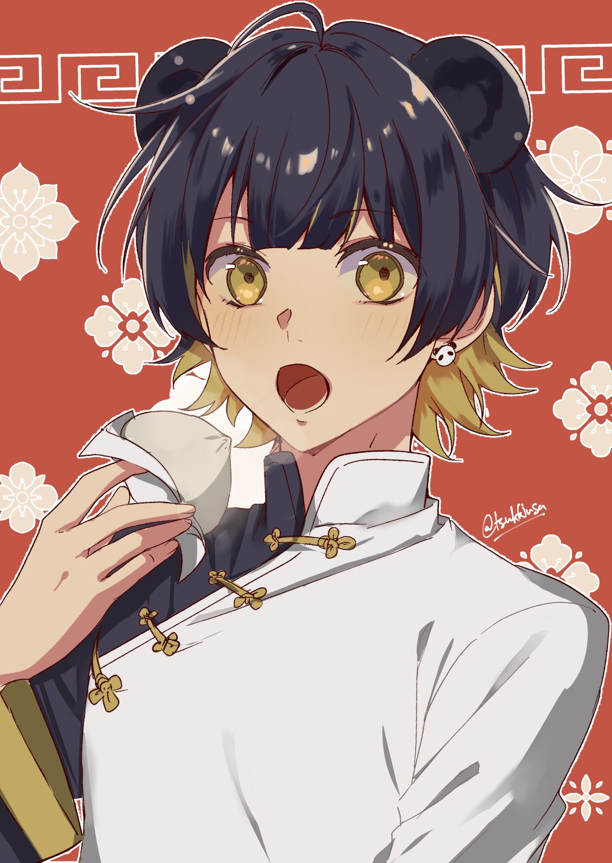 1boy animal_ears bachira_meguru baozi black_hair black_shirt blonde_hair blue_lock chinese_clothes colored_inner_hair earrings food highres holding holding_food jewelry looking_at_viewer male_focus multicolored_hair open_mouth panda_boy panda_ears red_background shirt short_hair solo tsukky two-tone_shirt upper_body white_shirt yellow_eyes