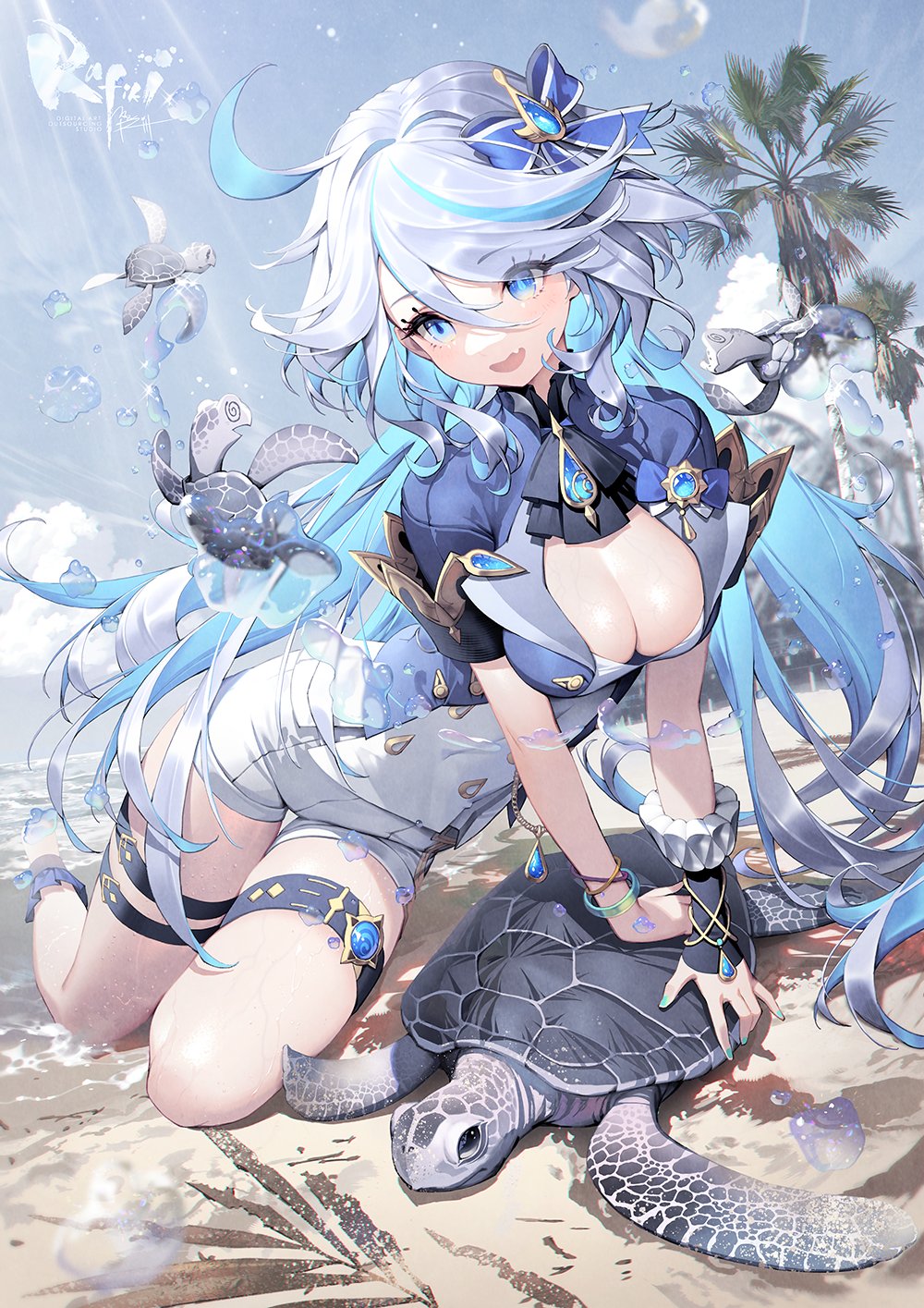 1girl aqua_nails arm_support artist_name ascot beach black_ascot black_gloves blue_eyes blue_gemstone blue_hair blue_jacket blue_sky bracelet breasts brooch buttons cleavage cloud colored_inner_hair cowlick day double-breasted fang fingerless_gloves flying_animal furina_(genshin_impact) gem genshin_impact gloves hair_ornament highres jacket jewelry kneeling large_breasts light_blue_hair long_hair looking_at_animal mandrill mismatched_pupils multicolored_hair ocean open_mouth palm_tree parted_bangs sand short_shorts short_sleeves shorts signature sky solo streaked_hair sunlight thigh_strap tree turtle water white_shorts