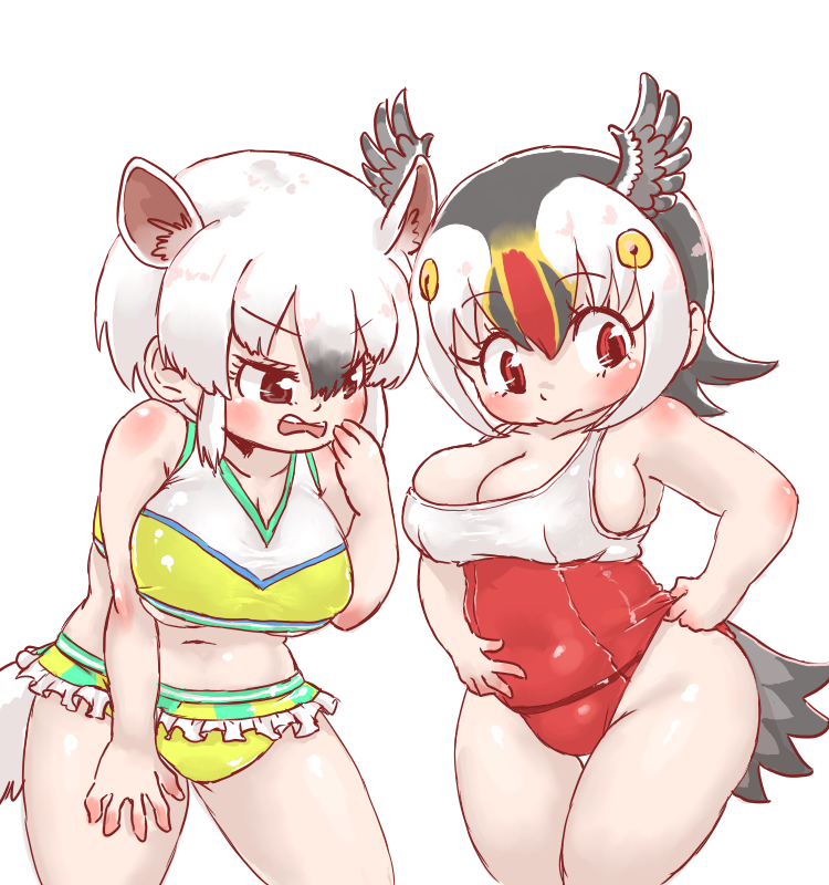 2girls adjusting_clothes adjusting_swimsuit animal_ears atlantic_puffin_(kemono_friends) bikini bird_tail bird_wings black_hair blonde_hair blush breasts cleavage clothes_pull frilled_bikini frills head_wings highleg kemono_friends large_breasts maki_(02uh14l1b740ao2) multicolored_clothes multicolored_hair multicolored_swimsuit multiple_girls one-piece_swimsuit one-piece_swimsuit_pull open_mouth red_eyes red_hair red_one-piece_swimsuit short_hair southern_tamandua_(kemono_friends) swimsuit tail tamandua_ears tamandua_tail two-tone_swimsuit undersized_clothes white_hair white_one-piece_swimsuit wings