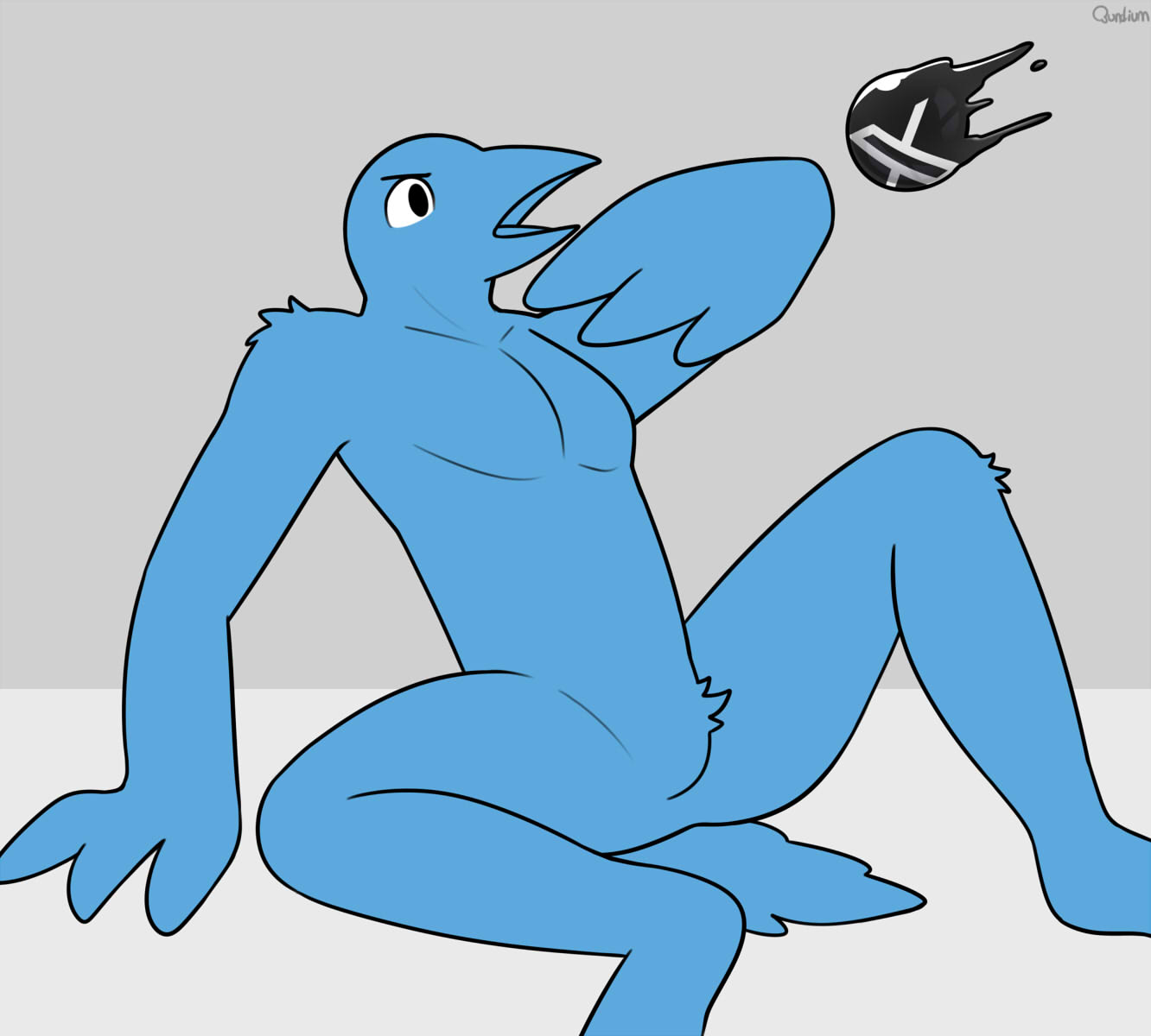 anthro avian bird blue_body blue_fur featureless_crotch fur hacony hi_res imminent_transformation male nude simple_background solo twitter_bird white_background