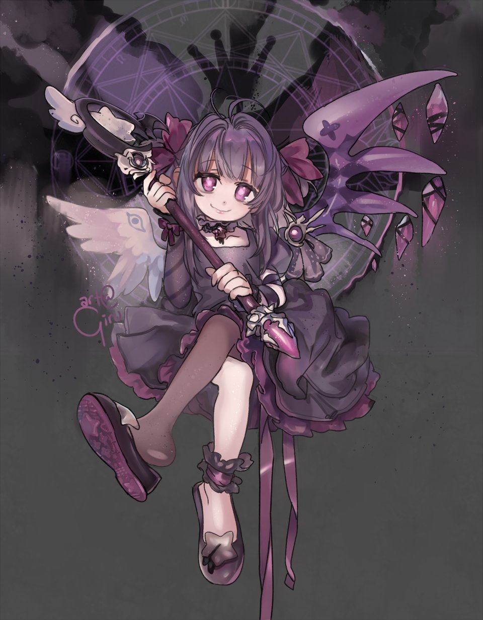 1girl ankle_scrunchie arm_ribbon asymmetrical_wings ballet_slippers bow choker collarbone crossed_legs crystal_wings demon_wings dress fallenshadow feathered_wings girutea highres holding holding_staff indie_virtual_youtuber long_hair looking_at_viewer magic_circle magical_girl purple_dress purple_eyes purple_footwear purple_hair purple_ribbon ribbon ribbon_choker scrunchie single_leg_pantyhose sitting smile solo staff virtual_youtuber wings