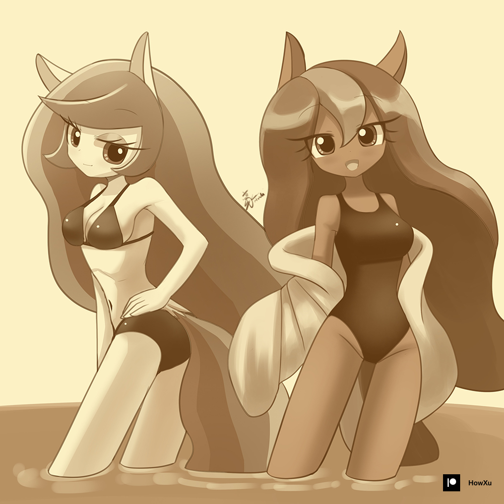 2021 2023 anthro bikini breasts clothing duo equid equine eyelashes female friendship_is_magic hair hasbro howxu long_hair looking_at_viewer mammal medium_breasts monochrome my_little_pony one-piece_swimsuit open_mouth partially_submerged princess_celestia_(mlp) princess_luna_(mlp) sibling sister sisters standing_in_water swimwear