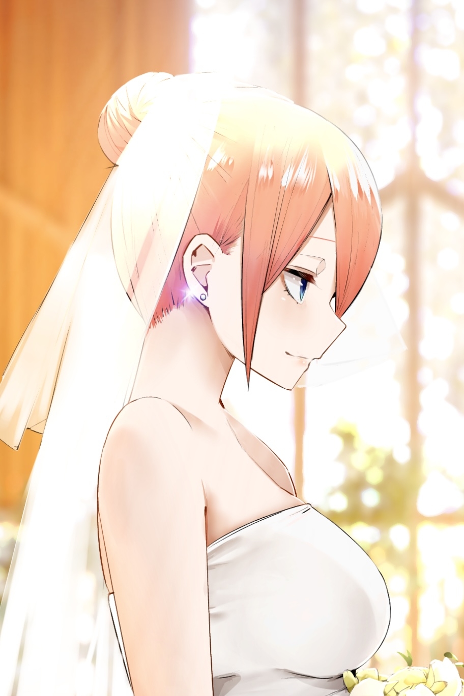 1girl bare_shoulders blue_eyes bouquet breasts bridal_veil bride closed_mouth dress earrings go-toubun_no_hanayome hair_bun highres indoors jewelry large_breasts mame1645 nakano_ichika neck profile short_hair solo strapless strapless_dress upper_body veil wedding wedding_dress white_dress window
