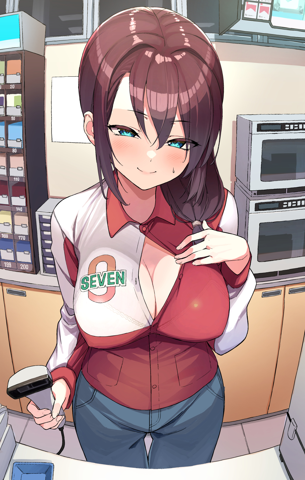 1girl 7-eleven barcode_scanner blush bra bra_visible_through_clothes brand_name_imitation breasts brown_hair button_gap cash_register cigarette_pack cleavage clothes_pull collared_shirt commentary_request counter covered_nipples cowboy_shot denim employee_uniform eyes_visible_through_hair fisheye green_eyes highres ishizaka_ryuudai jeans large_breasts long_hair long_sleeves looking_at_viewer microwave narrowed_eyes original pants pointy_breasts ponytail revision see-through shirt shirt_pull smile solo standing store_clerk sweatdrop thigh_gap unbuttoned unbuttoned_shirt underwear uniform