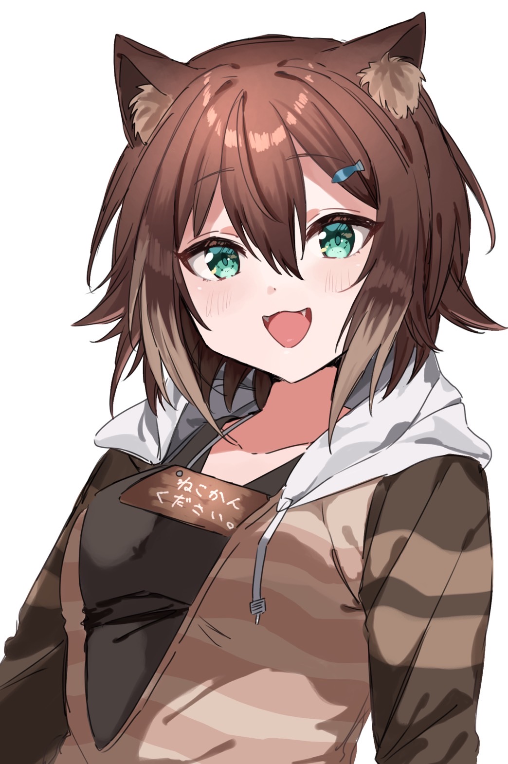 1girl :d animal_ear_fluff animal_ears black_shirt brown_hair brown_hoodie cat_ears cat_girl fumino_tamaki green_eyes highres hinjaku hood hood_down hoodie light_brown_hair looking_at_viewer multicolored_hair nijisanji open_clothes open_hoodie open_mouth shirt short_hair sketch smile two-tone_hair virtual_youtuber