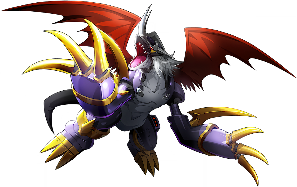 armor cannon claws digimon horns imperialdramon imperialdramon_dragon_mode_(black) non-web_source official_art open_mouth red_eyes sharp_teeth tail teeth tongue transparent_background wings