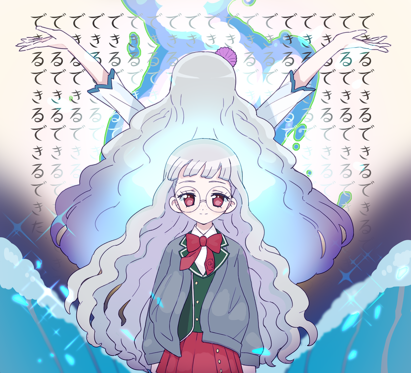 2girls arms_at_sides arms_up blue_fire blunt_bangs bow bowtie cardigan catchphrase closed_mouth commentary_request dual_persona facing_away fire glasses green_jacket grey_cardigan grey_hair hair_down idol_time_pripara jacket koda_michiru long_hair long_sleeves looking_at_viewer miichiru_(pripara) moudoku_(decopon3rd) multiple_girls pleated_skirt pretty_(series) pripara red_bow red_bowtie red_skirt school_uniform skirt smile sparkle translation_request very_long_hair wavy_hair