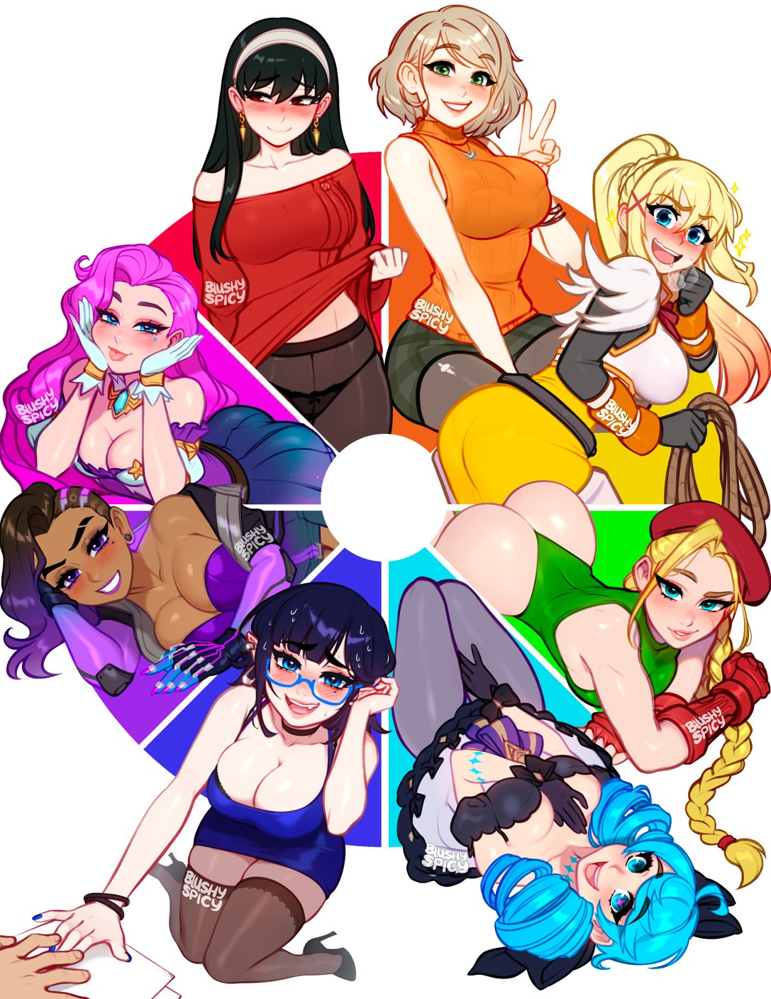 6+girls :d ahoge arm_behind_back artist_logo artist_name ashley_graham ass bare_arms bare_shoulders beret black_bow black_choker black_gloves black_hair black_panties black_pantyhose blonde_hair blue-framed_eyewear blue_dress blue_eyes blush blushyspicy bow bra_visible_through_clothes braid breasts brown_hair brown_pantyhose cammy_white choker cleavage closed_mouth clothes_lift color_coordination color_wheel color_wheel_challenge cowboy_shot crossover dark-skinned_female dark_skin darkness_(konosuba) detached_collar dress earrings english_text fang fingerless_gloves glasses gloves green_eyes green_hair green_leotard grey_dress grin gwen_(league_of_legends) hair_bow hair_ornament hair_rings hairband hat high-waist_pantyhose highres holding holding_rope huge_ahoge jewelry kono_subarashii_sekai_ni_shukufuku_wo! large_breasts league_of_legends leotard lifted_by_self long_hair looking_at_viewer looking_back medium_breasts multicolored_hair multiple_crossover multiple_drawing_challenge multiple_girls narrow_waist necklace off-shoulder_dress off-shoulder_sweater off_shoulder open_mouth original overwatch overwatch_1 panties panties_under_pantyhose pantyhose paper pink_eyes pink_gloves pink_hair pleated_skirt pointy_ears ponytail reaching red_dress red_eyes red_gloves red_headwear red_sweater resident_evil resident_evil_4 rope scar scar_on_cheek scar_on_face semi-rimless_eyewear seraphine_(league_of_legends) shiny_skin short_hair sidecut skirt skort sleeveless sleeveless_turtleneck smile sombra_(overwatch) spy_x_family street_fighter street_fighter_ii_(series) surprised sweater sweater_dress sweater_lift teeth thighhighs thighs thong_leotard torn_clothes torn_pantyhose turtleneck twin_braids two-tone_hair underwear unfinished v vampire very_long_hair vivian_seong_(blushyspicy) watermark web_address white_gloves white_hairband x_hair_ornament yor_briar zettai_ryouiki