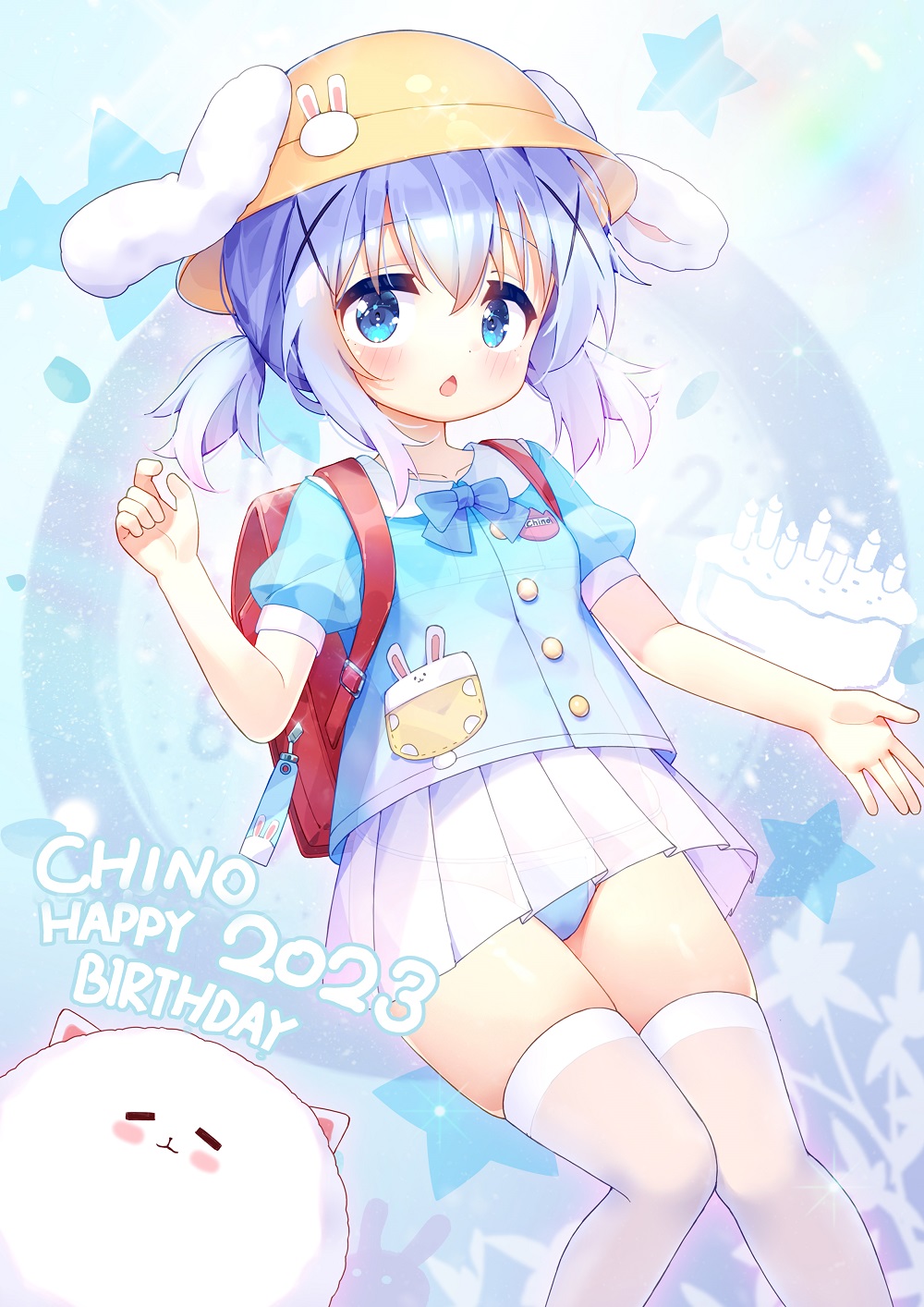 1girl alternate_hairstyle angora_rabbit animal animal_ears blue_eyes blue_hair blue_panties blush fake_animal_ears feet_out_of_frame gochuumon_wa_usagi_desu_ka? hair_between_eyes happy_birthday hat highres kafuu_chino kindergarten_uniform long_hair open_mouth panties pleated_skirt puffy_short_sleeves puffy_sleeves rabbit rabbit_ears school_hat short_sleeves skirt solo taku_michi thighhighs tippy_(gochiusa) twintails underwear white_skirt white_thighhighs yellow_headwear