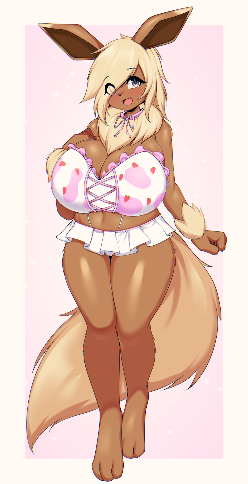 anthro big_breasts blonde_hair blush breasts brown_body brown_fur cleavage clothed clothing eevee female fur generation_1_pokemon grey_eyes hair hi_res huge_breasts midriff navel nintendo open_mouth pokemon pokemon_(species) smile solo standing tailzkim thick_thighs wide_hips