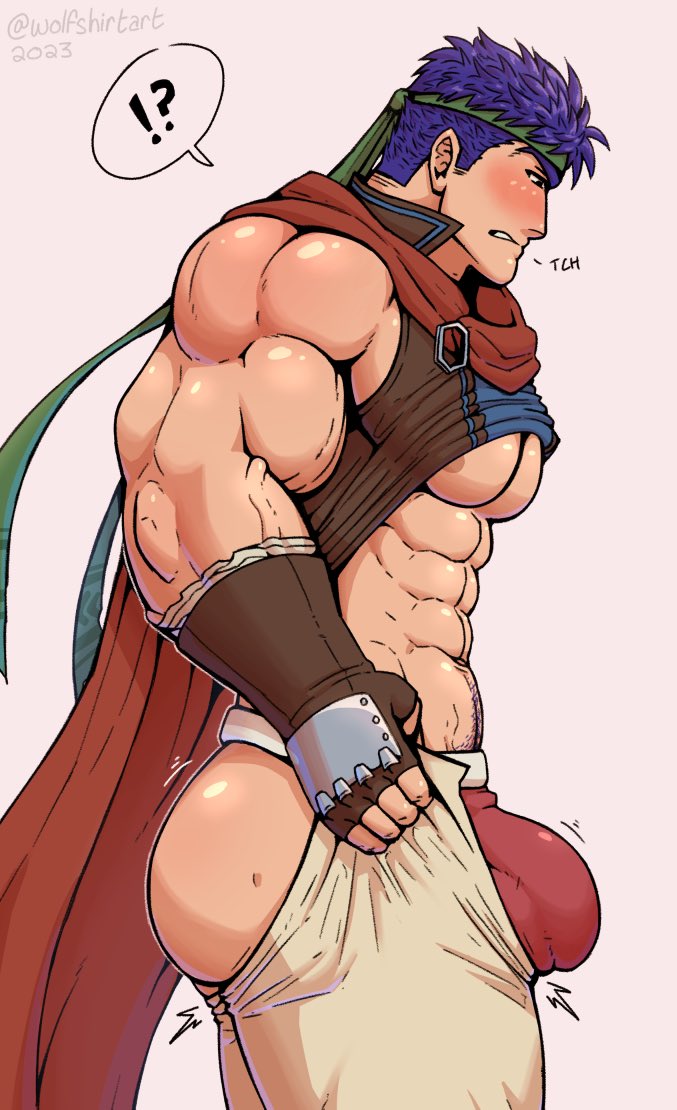 1boy abs ass bara biceps blue_hair blush bulge bulge_lift cape clothes_lift dressing feet_out_of_frame fire_emblem fire_emblem:_path_of_radiance from_side headband i've_never_seen_a_guy_recreate_this_successfully_tbh_(meme) ike_(fire_emblem) jockstrap large_pectorals long_sideburns male_focus male_underwear meme motion_lines muscular muscular_male navel_hair nipples open_pants pants pants_lift pectorals red_cape red_male_underwear shirt_lift short_hair sideburns sidepec solo stomach thick_thighs thighs underpec undersized_clothes underwear wolfshirtart