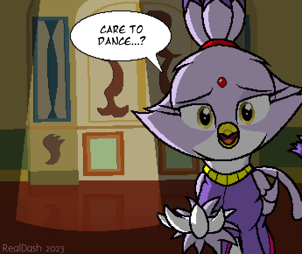 alternate_species avian ballroom blaze_the_cat clothing crossover dancing dialogue digital_media_(artwork) female feral friendship_is_magic gryphon hasbro holding_out_hand jewelry lidded_eyes looking_at_viewer my_little_pony mythological_avian mythology open_mouth pixel_(artwork) princess realdash regalia royalty sega smile solo sonic_the_hedgehog_(series) spotlight standing talking_to_viewer