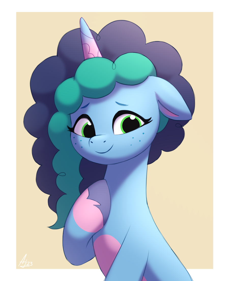 2023 blue_body blue_hair blue_hooves digital_media_(artwork) ears_down equid equine eyelashes female feral fetlocks freckles green_eyes hair hasbro hooves horn luminousdazzle mammal misty_(g5) mlp_g5 my_little_pony my_little_pony:_tell_your_tale pivoted_ears smile solo unicorn unicorn_horn