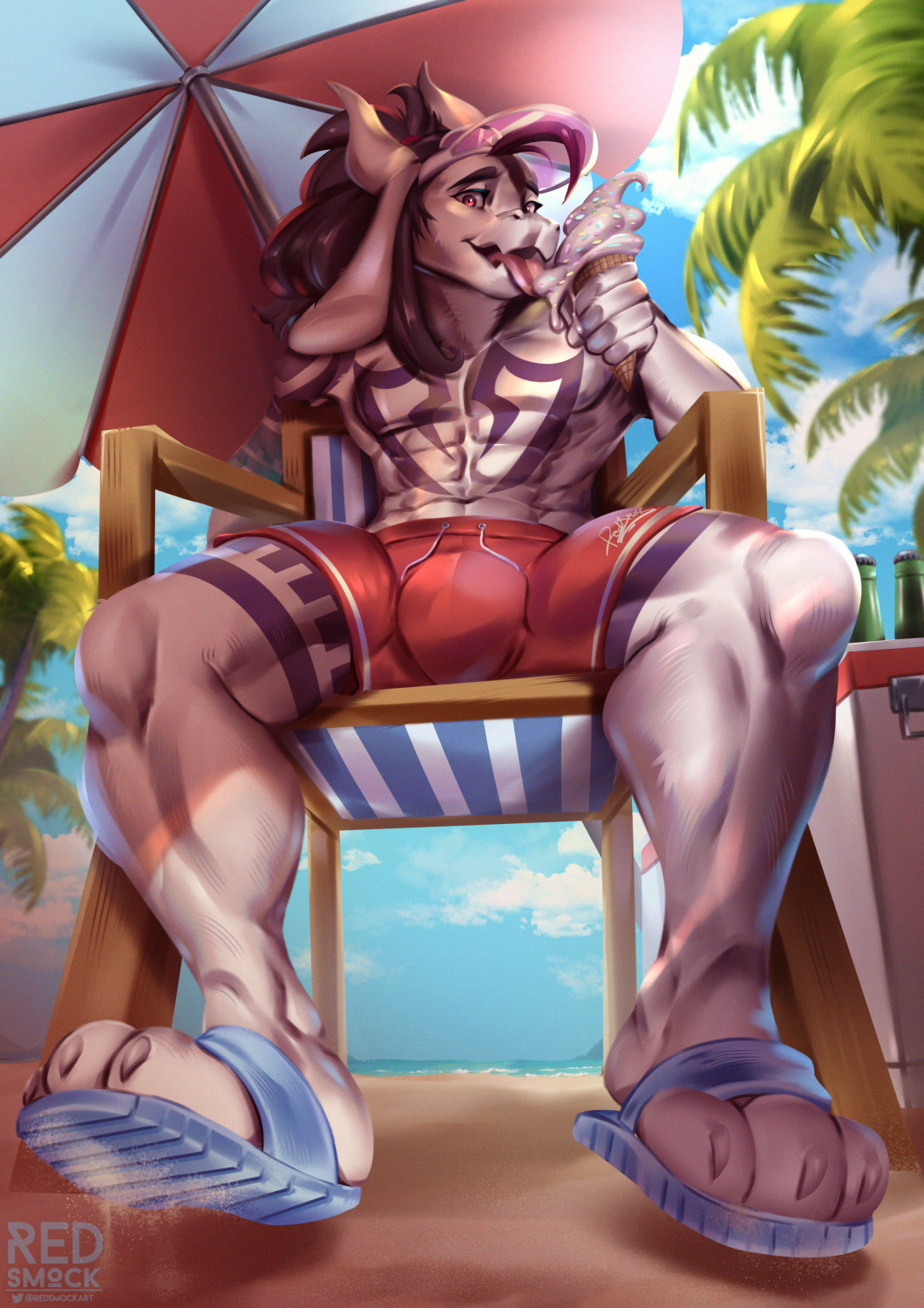 abs anthro arm_tattoo beach biceps big_bulge bovid bulge caprine chest_tattoo clothed clothing dessert detailed_background digital_media_(artwork) dreemurr feet food fur goat hair hat headgear headwear hi_res horn ice_cream leg_tattoo licking_ice_cream long_hair looking_at_viewer low-angle_view male mammal muscular muscular_anthro muscular_male nude open_mouth outside palm_tree partially_clothed paws pecs plant red_eyes redsmock sand sea seaside sky smile solo solo_focus spread_legs spreading summer sun swimming_trunks swimwear tattoo toes tongue tongue_out topless tree umbrella underwear water white_body