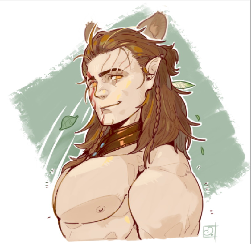 1boy animal_ears baldur's_gate baldur's_gate_3 bara bear_ears bluecloud_(abluecloud) braid brown_hair cropped_torso dark-skinned_male dark_skin dungeons_and_dragons elf halsin kemonomimi_mode large_pectorals leaf light_particles looking_at_viewer looking_to_the_side male_focus mature_male medium_hair muscular muscular_male nipples nude pectorals pointy_ears smile solo tattoo thick_eyebrows turning_head wind