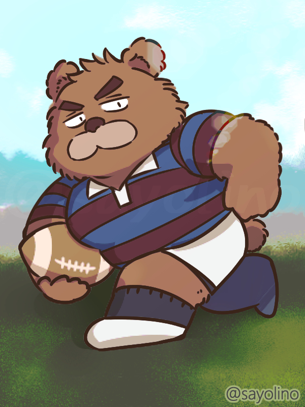 2023 3:4 anthro bear bottomwear brown_body brown_fur clothing fur kemono kumalino male mammal roast_(kumalino) rugby rugby_ball rugby_uniform sanrio sayolino shirt shorts solo topwear