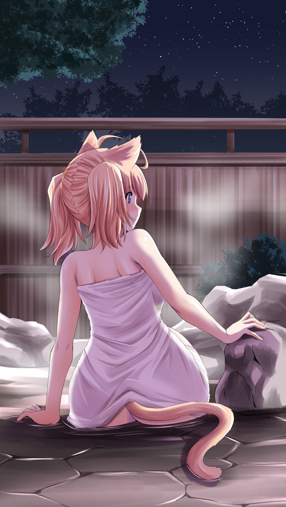 2020 ahoge animal_humanoid blonde_hair butt cat_humanoid felid felid_humanoid feline feline_humanoid female hair hot_spring humanoid mammal mammal_humanoid night outside pigtails rear_view sitting sky solo tonpuu towel towel_only water