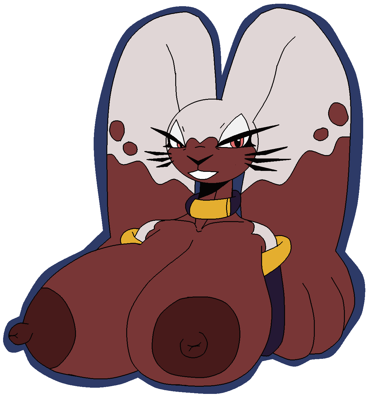 alpha_channel anthro areola big_breasts big_ears breasts brown_areola brown_body brown_fur brown_nipples buckteeth collar diggersby dipstick_ears eyelashes female floppy_ears fur generation_6_pokemon grey_body grey_fur hi_res huge_breasts lop_ears manyulagroovemeister multicolored_ears nintendo nipples pink_eyes pokemon pokemon_(species) simple_background solo teeth transparent_background whiskers