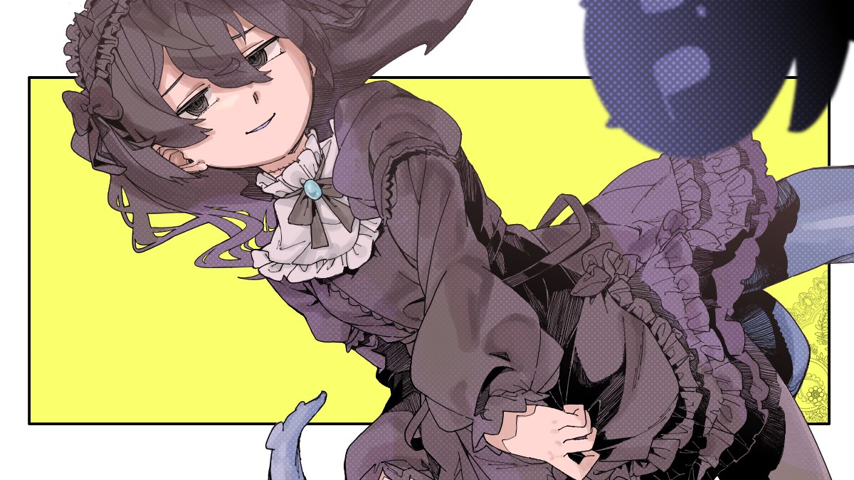 1girl black_bow black_bowtie black_eyes black_hair black_hairband black_pantyhose border bow bowtie brooch capelet commentary cowboy_shot creature dutch_angle floating_hair frilled_capelet frilled_hairband frilled_skirt frills furrowed_brow gothic_lolita grin hair_bow hairband half-closed_eyes horns horns_through_headwear indie_virtual_youtuber jewelry juliet_sleeves lolita_fashion lolita_hairband long_hair long_sleeves looking_at_viewer official_alternate_costume outside_border pantyhose puffy_long_sleeves puffy_sleeves raised_eyebrows ringed_eyes screentones shio_koneno skirt skirt_hold smile smirk solo stitched_neck stitches tentacle_tail tentacles virtual_youtuber white_border white_capelet yamata_ia yellow_background