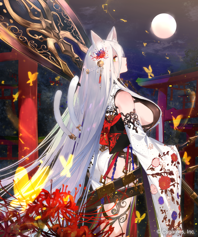 1girl animal_ears architecture ass axe bare_legs bell breasts cat_ears cat_girl cat_tail chain choker cowboy_shot decorations detached_sleeves east_asian_architecture floral_print forest from_side full_moon hair_ornament halberd holding holding_axe japanese_clothes kimono long_hair looking_at_viewer moon nature obi official_art outdoors parted_lips polearm print_kimono sash scabbard shadowverse sheath short_kimono sideboob single_bare_shoulder smoke solo straight_hair sword tail tevali_(shadowverse) torii weapon white_hair white_kimono wide_sleeves yellow_eyes yuuhi_homare