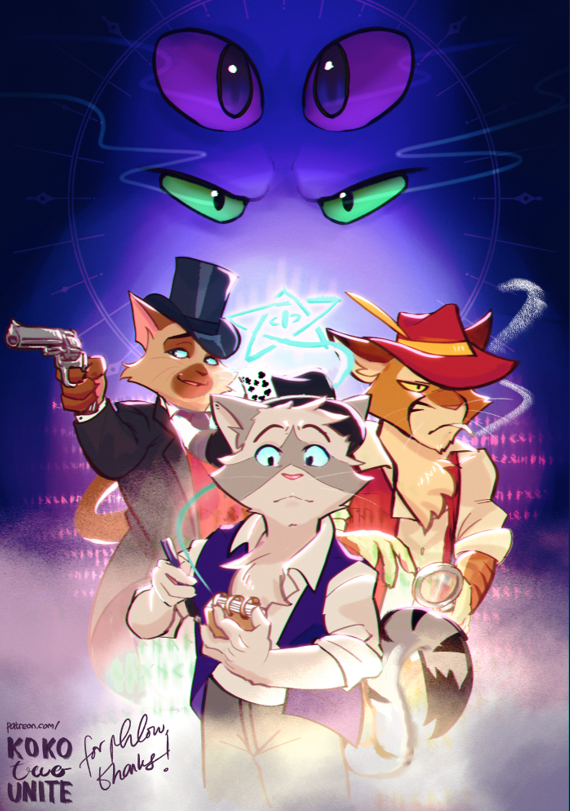 ambient_lighting anthro blush claws clothing detailed_background domestic_cat dorian_zibowski duo eyes_closed felid feline felis floating_eyes gentleman gun hat headgear headwear lackadaisy male mammal ranged_weapon sedgewick_sable smile weapon webcomic