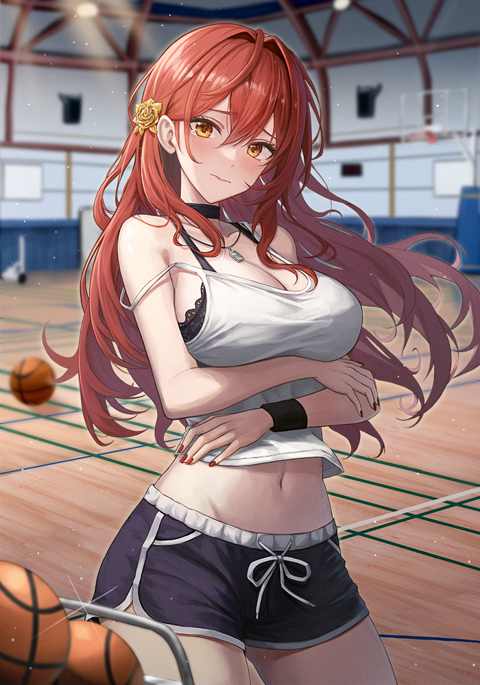 1girl alternate_costume ball basketball_(object) basketball_court basketball_hoop black_bra black_choker black_shorts bra breasts choker cleavage commentary_request cowboy_shot embarrassed flower golden_rose hair_flower hair_intakes hair_ornament himeko_(honkai:_star_rail) honkai:_star_rail honkai_(series) indoors jewelry light_particles mookyuu9 navel necklace red_hair red_nails shorts solo strap_slip tank_top tearing_up underwear white_tank_top wristband yellow_eyes