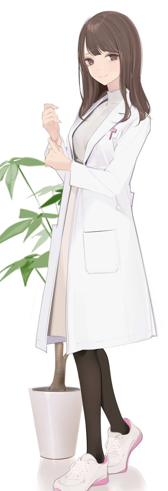 1girl adjusting_sleeves ama_mitsuki black_pantyhose brown_eyes brown_hair closed_mouth coat dress full_body highres long_sleeves looking_at_viewer medium_hair original pantyhose plant potted_plant simple_background smile solo standing white_background white_coat white_dress white_footwear