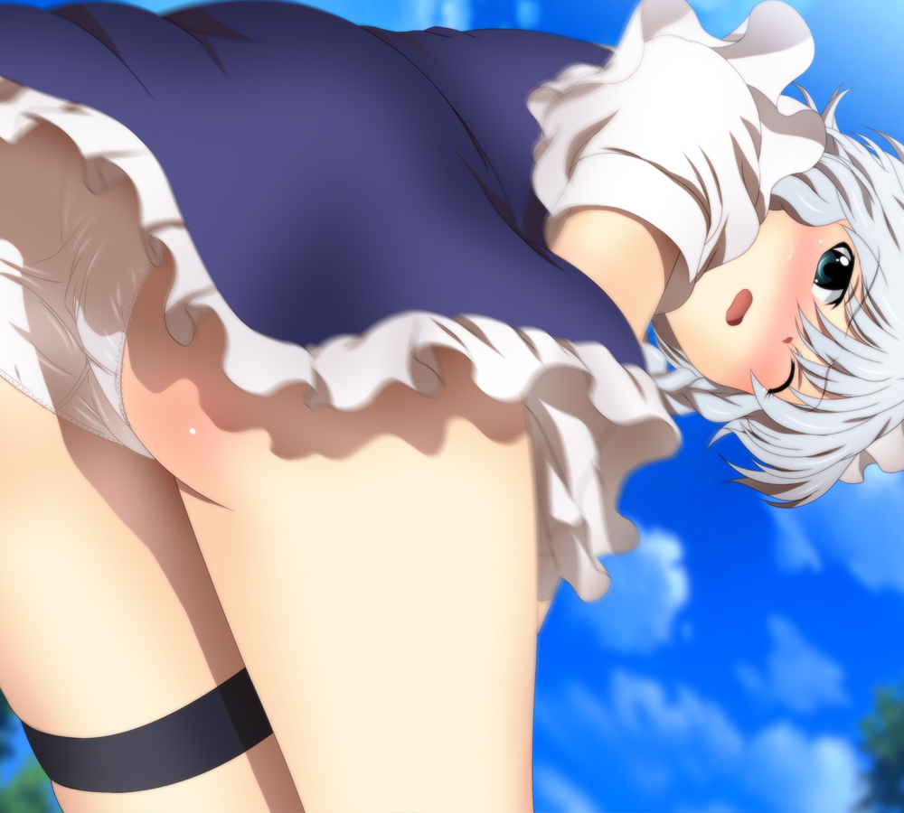 1girl ass bent_over blue_dress blue_eyes blue_sky blurry blush braid braided_sidelock cloud commentary_request crotch_seam day dress frilled_dress frills from_behind frown grey_hair izayoi_sakuya leaning_forward long_hair looking_at_viewer looking_back microdress one_eye_closed open_mouth outdoors panties partial_commentary puffy_short_sleeves puffy_sleeves short_sleeves sky solo standing thigh_strap touhou twin_braids underwear white_panties yadokari_genpachirou