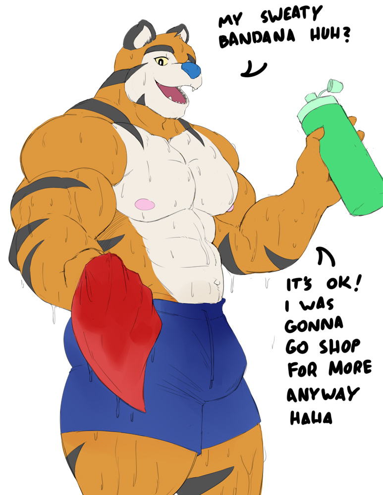 anthro blue_bottomwear blue_clothing blue_nose bodily_fluids bottle bottomwear clothed clothing container dialogue drawstring english_text felid frosted_flakes fur geng holding_bottle holding_container holding_object kellogg's kerchief male mammal mascot muscular neckerchief nipples orange_body orange_fur pantherine pecs pink_nipples portrait red_kerchief red_neckerchief simple_background solo striped_body striped_fur stripes sweat sweatpants talking_to_viewer text three-quarter_portrait tiger tony_the_tiger topless wet wet_clothing white_background yellow_eyes