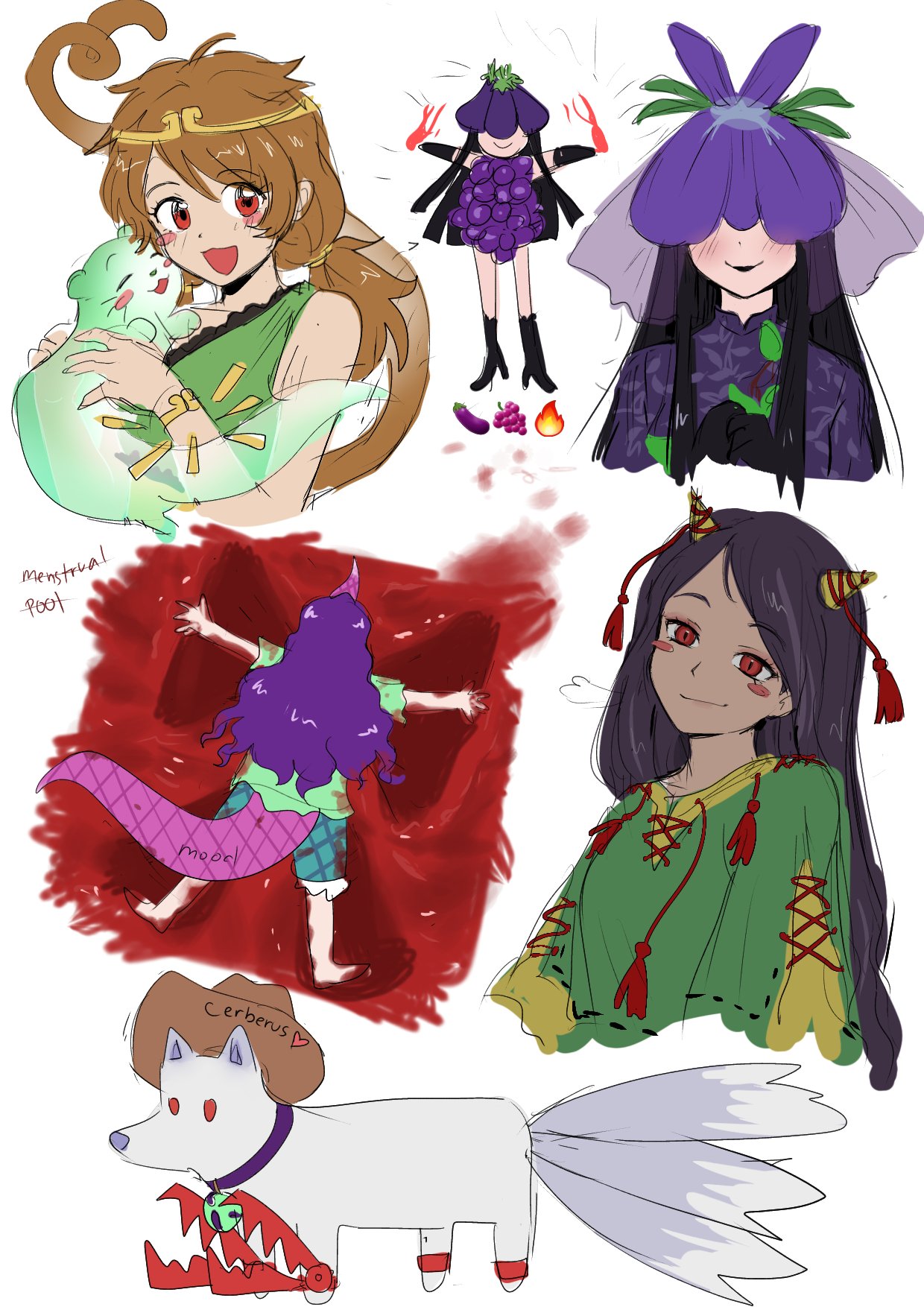 4girls animal bare_shoulders brown_hair circlet dress extra_tails highres himuhino horns lizard_tail long_hair low_twintails messy_hair mitsugashira_enoko_(dog) monkey_tail multiple_girls nippaku_zanmu oni_horns otter_spirit_(touhou) purple_dress purple_hair red_eyes single_horn smile son_biten tail tenkajin_chiyari touhou twintails unfinished_dream_of_all_living_ghost yomotsu_hisami