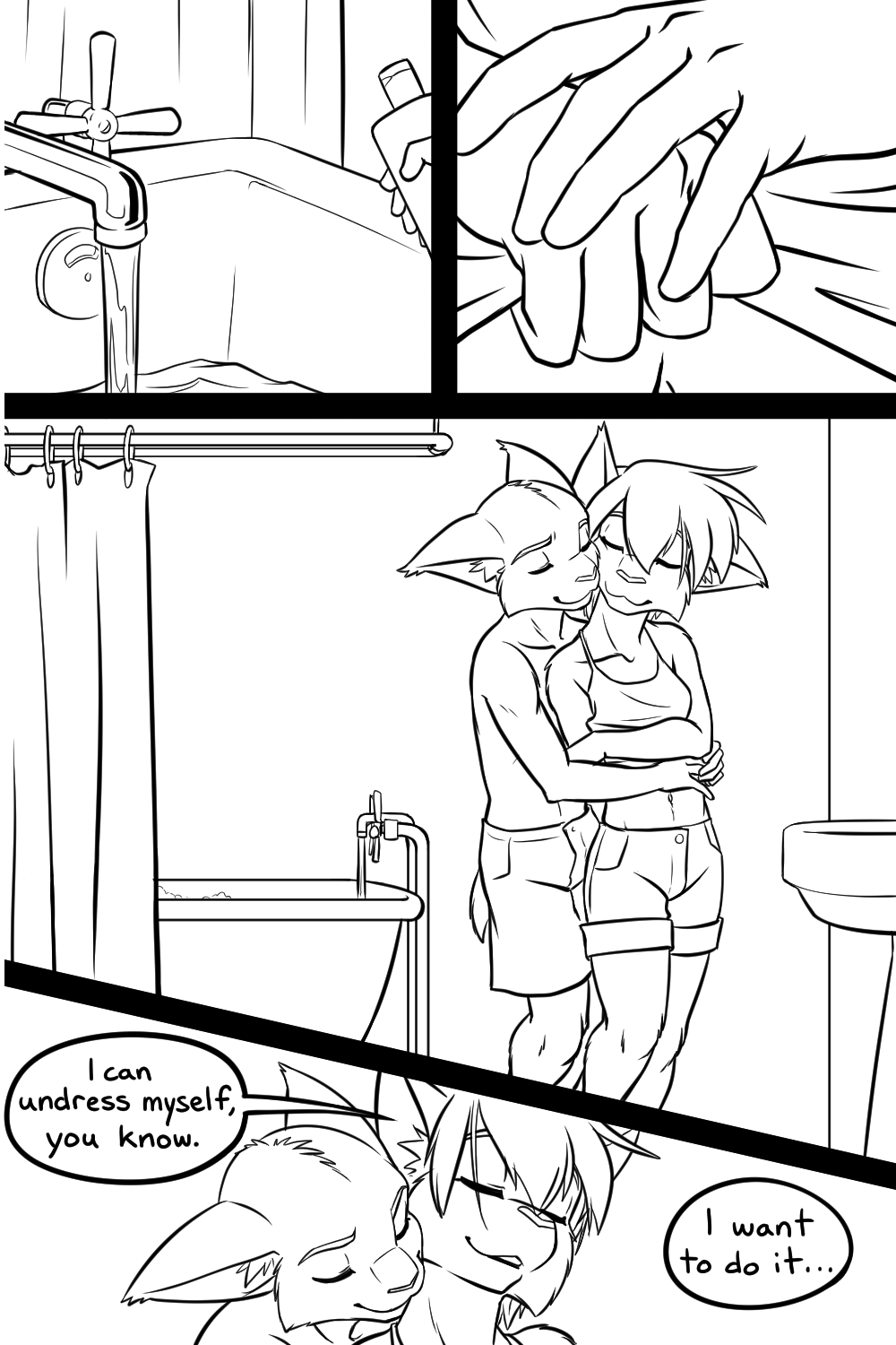 2023 anthro bathroom bathtub black-kitten brother_(lore) brother_and_sister_(lore) clothed clothing comic dialogue digital_media_(artwork) duo english_text felid feline female fur hair hi_res lynx male mammal monochrome sebastien_(black-kitten) serah_(black-kitten) sibling_(lore) sister_(lore) speech_bubble teenager text water young