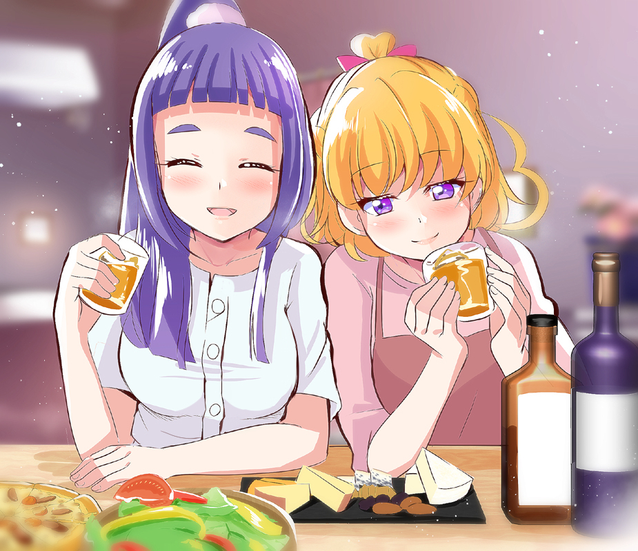 2girls aged_up alcohol asahina_mirai blonde_hair blunt_bangs blurry blurry_background blush bottle brown_dress cheese closed_eyes commentary cup dress drinking_glass drunk food hair_ornament hair_over_shoulder hair_ribbon hair_scrunchie half-closed_eyes holding holding_cup indoors izayoi_liko leaning_on_person leaning_to_the_side long_hair mahou_girls_precure! medium_hair mitumi_mira multiple_girls one_side_up pinafore_dress pink_ribbon pink_shirt pizza ponytail precure purple_eyes purple_hair restaurant ribbon sake_bottle salad scrunchie shirt short_sleeves shot_glass sleeveless sleeveless_dress straight_hair white_scrunchie white_shirt