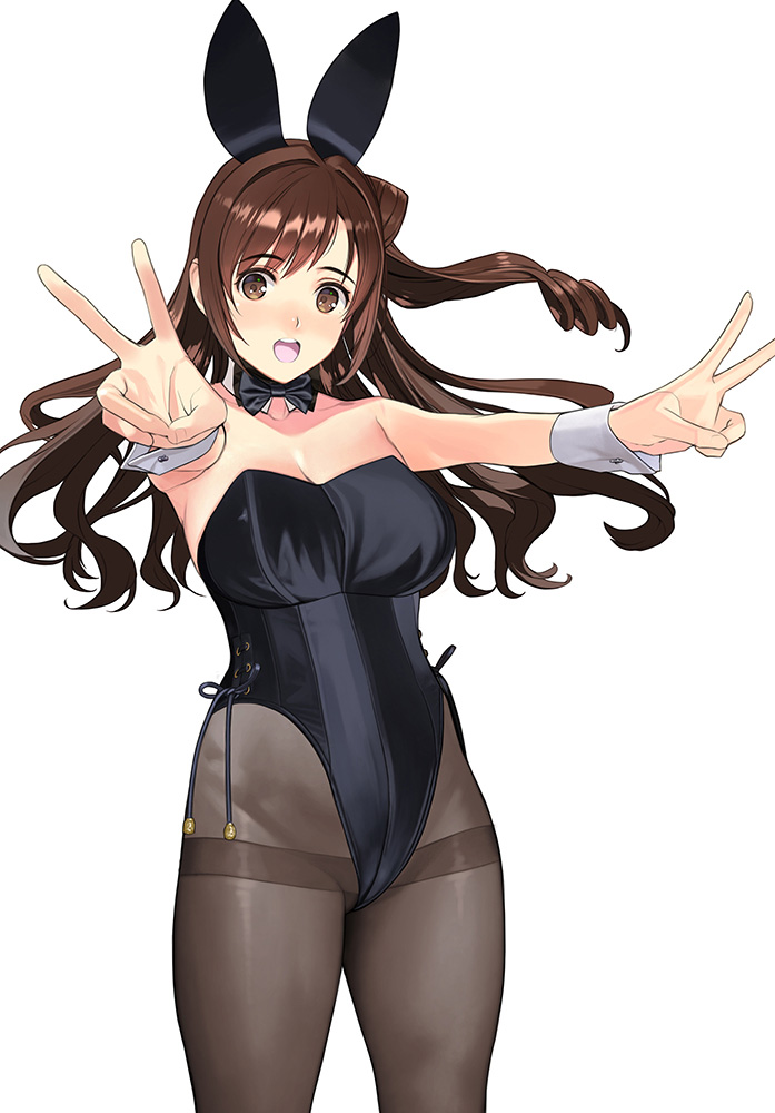 1girl bare_shoulders black_bow black_bowtie black_leotard blush bow bowtie breasts brown_eyes brown_hair brown_pantyhose cameltoe cleavage collarbone detached_collar double_v feet_out_of_frame foreshortening hair_intakes idolmaster idolmaster_cinderella_girls large_breasts leotard long_hair looking_at_viewer mibu_natsuki open_mouth outstretched_arms pantyhose playboy_bunny shimamura_uzuki simple_background solo standing strapless strapless_leotard teeth thighband_pantyhose upper_teeth_only v white_background