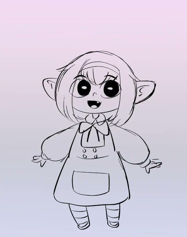 20pesos_sopa child clothing dress eyelashes fangs female full-length_portrait goblin hair humanoid long_sleeves looking_at_viewer monochrome open_mouth portrait puffy_sleeves selene_(20pesos_sopa) short_hair sketch smile solo standing teeth young