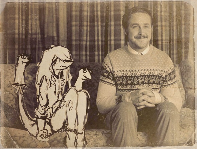 age_difference anthro bottomwear clothing dinosaur duo facial_hair female furniture hair hand_puppet hoodie human interlocked_fingers judee larger_human larger_male long_hair long_tail male mammal monochrome mustache nervous_expression on_sofa pants patch_(fabric) patched_clothing photo reptile ryan_gosling scalie sitting sitting_on_sofa size_difference smaller_anthro smaller_female smile snoot_game sofa sweater tail topwear unknown_artist younger_anthro younger_female