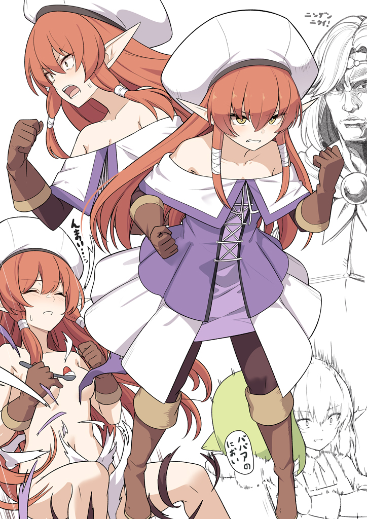 1boy 1girl boots breasts brown_footwear brown_gloves brown_pantyhose clenched_hands clenched_teeth closed_eyes constricted_pupils dress exploding_clothes food fruit gloves hair_between_eyes hat helck helck_(character) holding holding_spoon knee_boots long_hair looking_ahead low_tied_sidelocks medium_breasts multiple_views off-shoulder_dress off_shoulder open_mouth pantyhose parted_lips piwi pointy_ears purple_dress red_hair shiseki_hirame shouting sitting speech_bubble spoon standing strawberry sweatdrop teeth translation_request two-tone_dress v-shaped_eyebrows vermilio_(helck) white_background white_dress white_headwear wide-eyed yellow_eyes