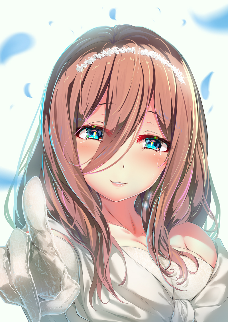 1girl aqua_eyes blush breasts brown_hair cleavage collarbone commentary_request dress falling_petals gloves go-toubun_no_hanayome hair_between_eyes large_breasts long_hair looking_at_viewer parted_lips petals sidelocks simple_background smile solo tearing_up tears upper_body wedding_dress white_background white_dress white_gloves wingheart
