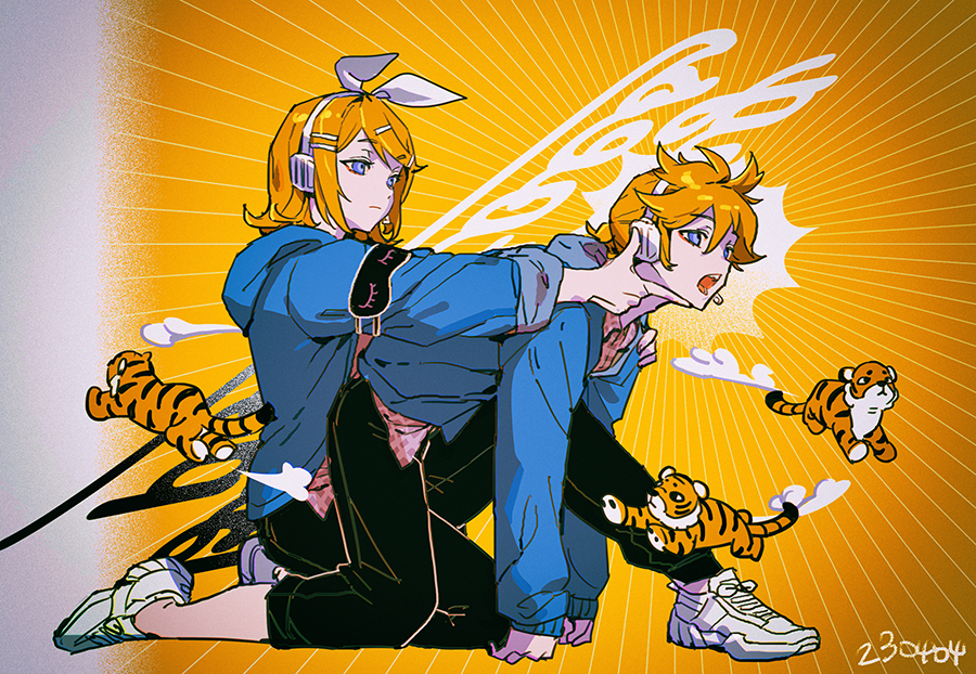 1boy 1girl animal between_legs black_pants blonde_hair blue_eyes blue_jacket bow commentary dated emphasis_lines expressionless finger_gun flipped_hair from_side full_body hair_between_eyes hair_bow hair_ornament hairband hairclip hand_on_another's_shoulder haun headphones headset hood hood_down hooded_jacket jacket kagamine_len kagamine_rin kneeling looking_away mask mask_removed matching_outfit on_one_knee open_mouth outstretched_arms pants pants_rolled_up plaid plaid_shirt ponytail shirt shoes short_hair sleep_mask sleeves_rolled_up sneakers swept_bangs symbol-only_commentary tiger untucked_shirt vocaloid white_footwear yellow_background