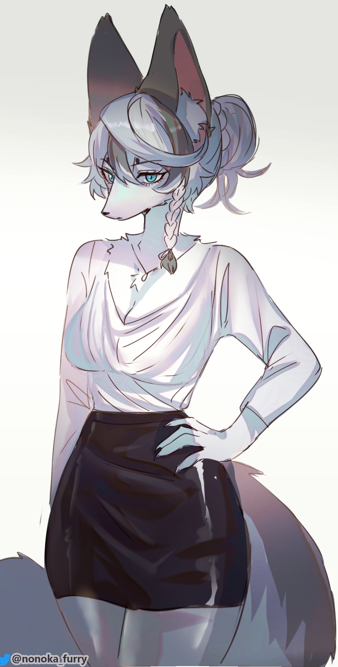 anthro big_tail blue_eyes bottomwear braided_hair breasts business_attire canid canine canis claws clothing dress eyelashes female fluffy fluffy_ears fur grey_body grey_fur grey_nose hair hair_bun hi_res inner_ear_fluff jewelry long_hair mammal neck_tuft necklace nonoka917 pawpads paws pencil_skirt skinny skirt snout solo tail tuft white_blouse white_body white_clothing white_dress white_fur wolf