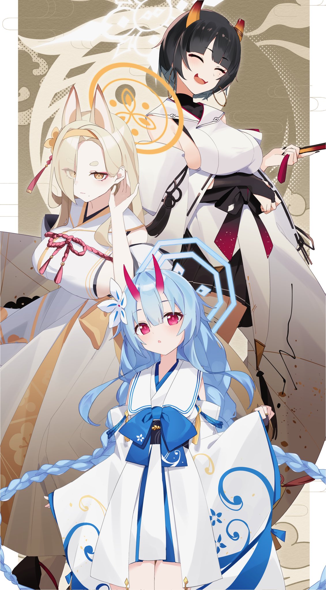 3girls :3 :o ^_^ animal_ears asymmetrical_horns black_hair black_skirt blonde_hair blue_archive blue_bow blue_halo blush border bow braid breasts chise_(blue_archive) closed_eyes closed_mouth commentary_request detached_sleeves egasumi flower fox_ears fox_girl gradient_horns hair_behind_ear hair_between_eyes hair_flower hair_ornament hair_over_one_eye halo hand_fan hand_on_own_ear hand_up highres holding holding_fan horns japanese_clothes kaho_(blue_archive) kimono large_breasts long_hair looking_at_viewer low_twin_braids mole mole_under_eye mole_under_mouth multicolored_horns multiple_girls nekohantenneko niya_(blue_archive) obi oni_horns open_mouth orange_halo orange_horns parted_bangs pleated_skirt print_kimono red_eyes red_horns rope sailor_collar sash shimenawa short_hair short_kimono sideboob skin-covered_horns skirt sleeveless sleeveless_kimono sleeves_past_wrists thick_eyebrows twin_braids upper_body very_long_hair white_border white_flower white_halo white_kimono white_sailor_collar wide_sleeves yellow_bow yellow_eyes yellow_trim yin_yang