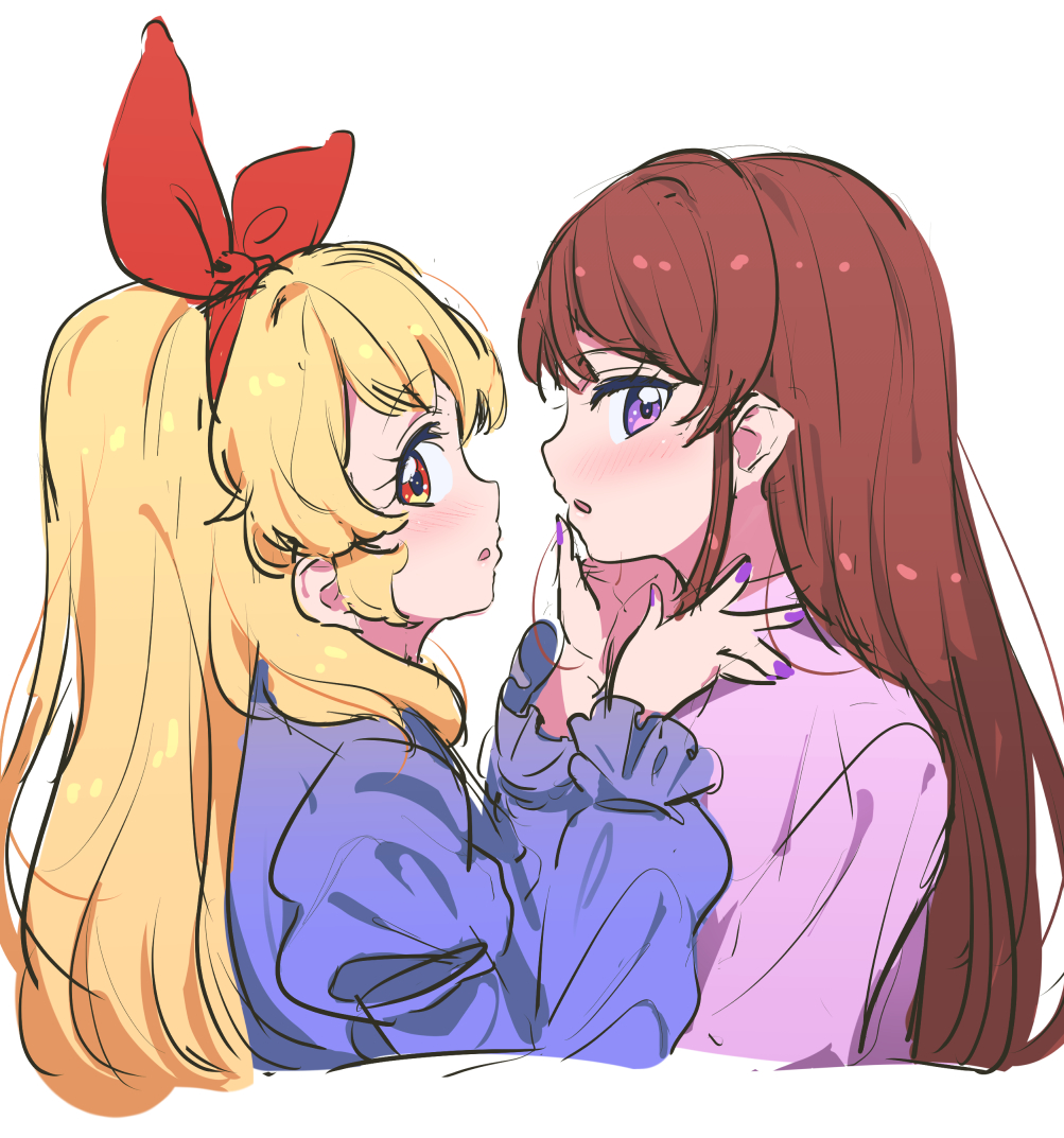 2girls aikatsu! aikatsu!_(series) alternate_costume blonde_hair blue_shirt blush bow brown_hair from_side hair_bow hairband hand_on_another's_chest hand_on_another's_chin hoshimiya_ichigo long_hair long_sleeves looking_at_viewer multiple_girls open_mouth purple_eyes purple_nails purple_shirt red_bow red_eyes red_hairband shibuki_ran shirt simple_background upper_body white_background yamamura_saki