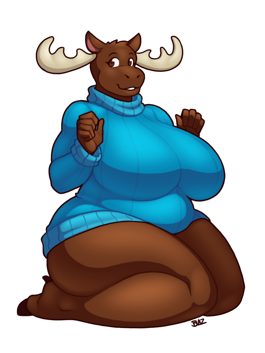 anthro antlers big_breasts blazbaros blue_clothing bottomless breasts brown_body brown_eyes brown_fur capreoline clothed clothing deer female fur hi_res horn huge_breasts mammal moose overweight overweight_female smile sweater thick_thighs topwear