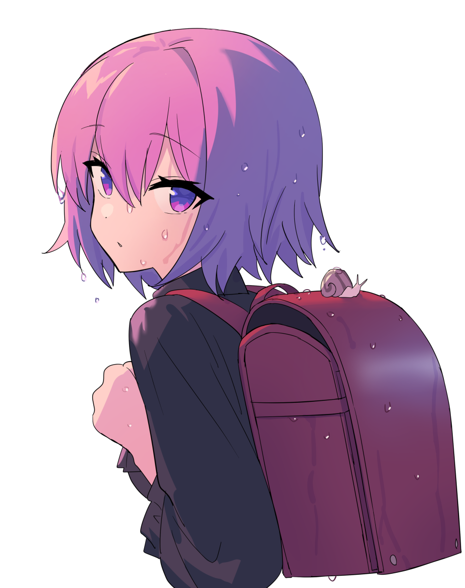 1girl backpack bad_link bag chorefuji commentary_request eyelashes hair_between_eyes hand_up highres looking_at_viewer looking_to_the_side medium_hair original parted_lips pink_hair purple_eyes randoseru red_bag simple_background snail solo wet white_background